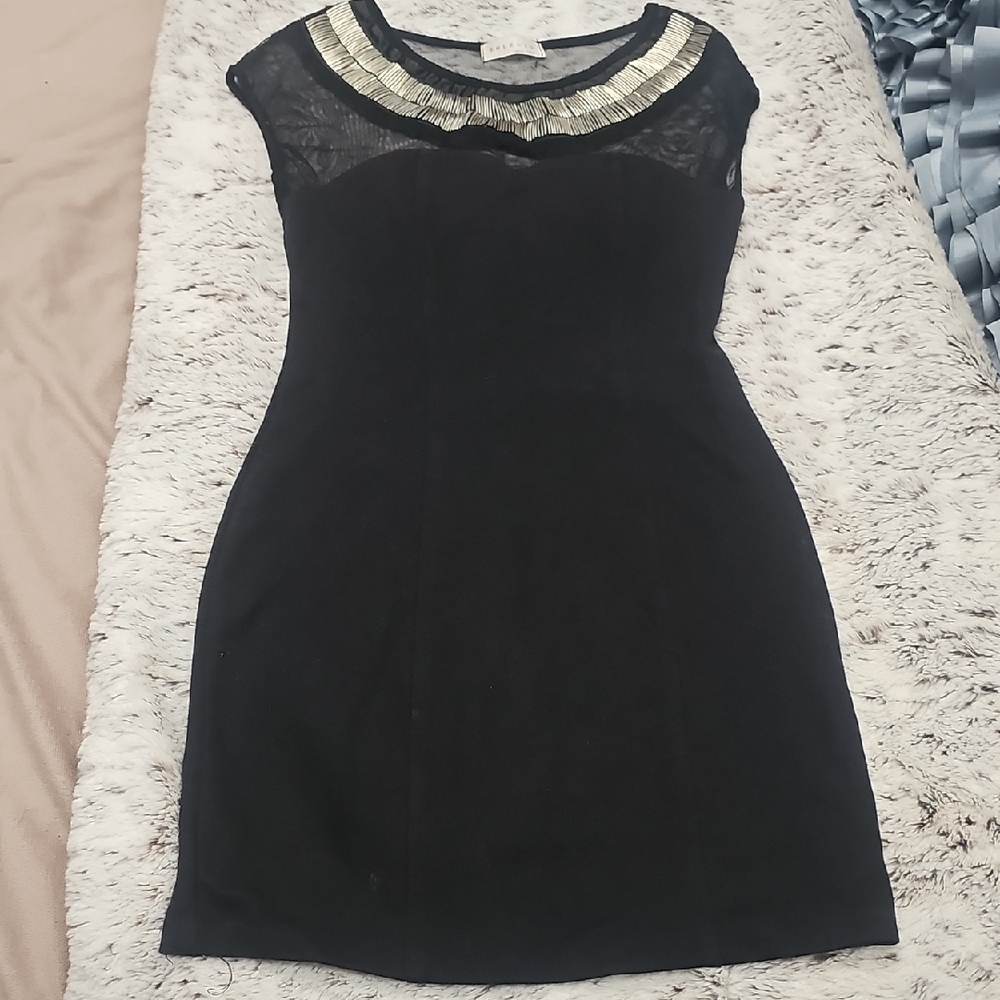 Solemio Black Sheath Dress with Silver Bib Collar